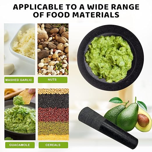 Mortar and Pestle Set,Heavy Duty,Unpolished Granite,6Inch-2Cup Capacity,Grinder for Spices and Seeds,Grinding,Crushing and Mashing Spices,Nuts,for Guacamole,Garlic Sauce,Black..
