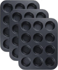 Muffin-Pan for Baking, Nonstick Cake Pan 12 Cups, 3 Pack Cup Premium Cheesecake Pans, Cupcake Baking Pan for Oven 13.2 * 10 * 1.1in Black