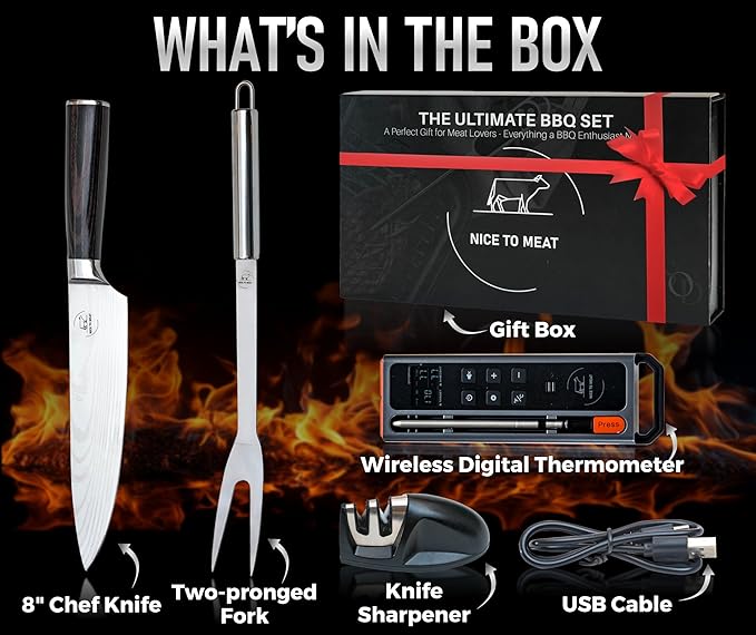 Wireless Meat Thermometer Digital BBQ Set, 5.3 Bluetooth and WiFi connectivity 800ft APP Control (iOS&Android) with Chef Knife, Fork, Meats Temperature Probe, Grilling, BBQ Gift for Men