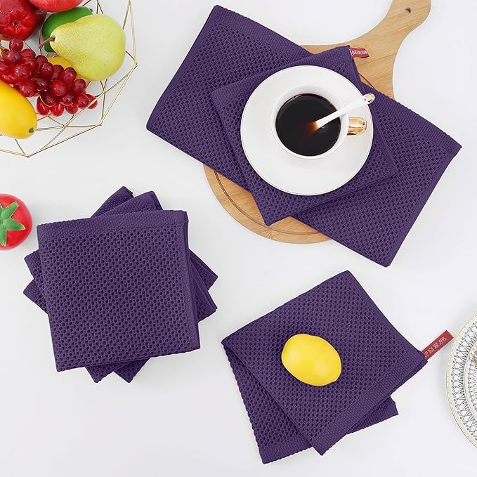 Homaxy 100% Cotton Waffle Weave Kitchen Dish Cloths, Ultra Soft Absorbent Quick Drying Dish Towels, 12 x 12 Inches, 8-Pack, Eggplant