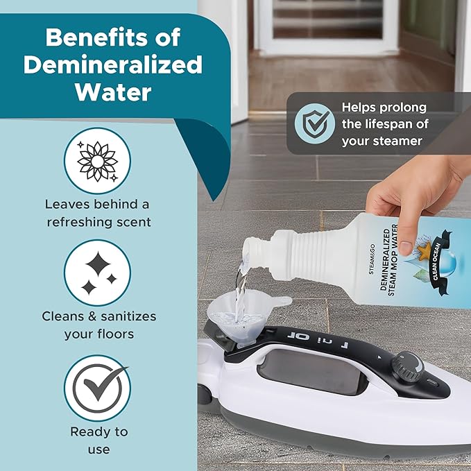 Steam & Go Demineralized Water - Multi-Surface Cleaner, PVC-Free Ready-to-Use for Mops & Floor Steamers - Ideal for Kitchen, Bathroom, & Home Surfaces - Clean Ocean Scent - 32oz (Pack of 12)