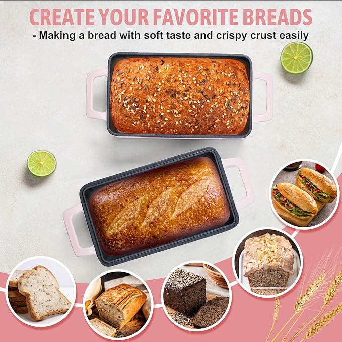 P&P CHEF 2 In 1 Enameled Cast Iron Loaf Pan with Lid, 9 x 5 Inch Bread Loaf Pans for Baking Homemade Sourdough Bread, Meatloaf, Toast, Cake, Nonstick & Healthy & Sturdy, 2 Piece Set - Pink