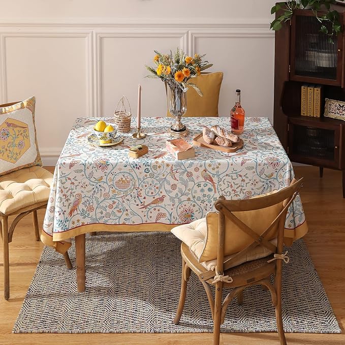 patdrea Designer Vintage French Extra Long Rectangular Tablecloth,Floral Birds Pattern Linen Table Cloth,Decorative Cover for Kitchen Dining Banquet,Christmas,Thanksgiving,67"x118"-Magnolia
