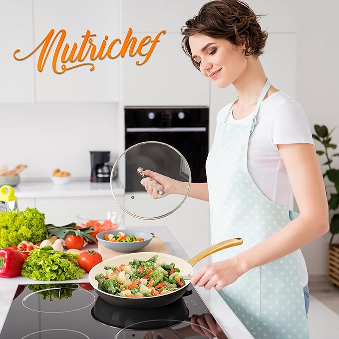 NutriChef 10" Medium Ceramic Fry Pan - Non-Stick Ceramic Coated Skillet with Stylish Titanium Handle, Durable, Easy to Clean, Professional Cookware