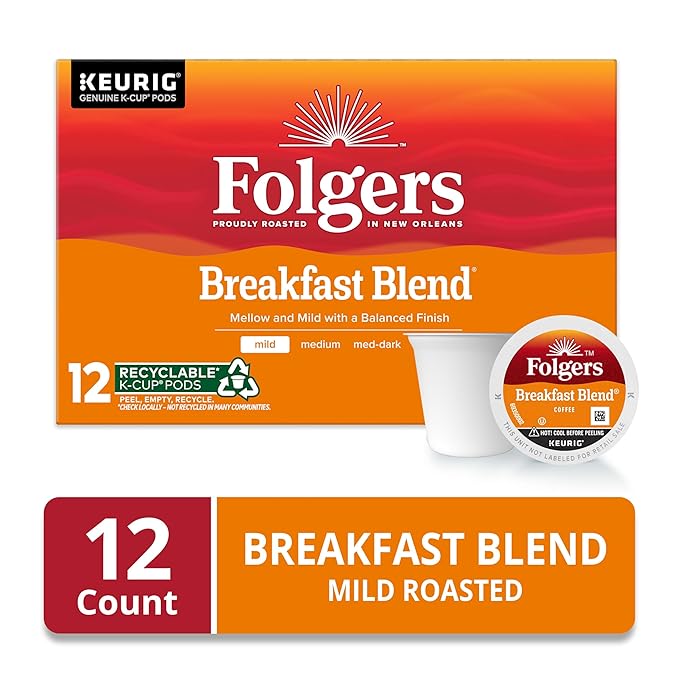 Folgers Breakfast Blend Mild Roast Coffee, 12 Keurig K-Cup Pods