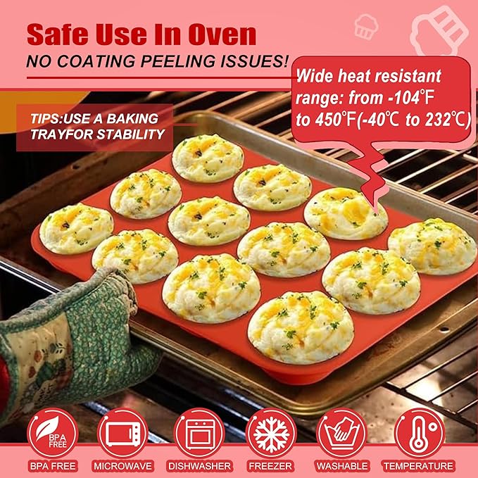 12 Cup Silicone Muffin Pan，Regular Size Cupcake Pan Great for Making Muffin Cakes, Bread, Tart - Piping Bags and Tips Set，Silicone Baking Cups-2 Pack