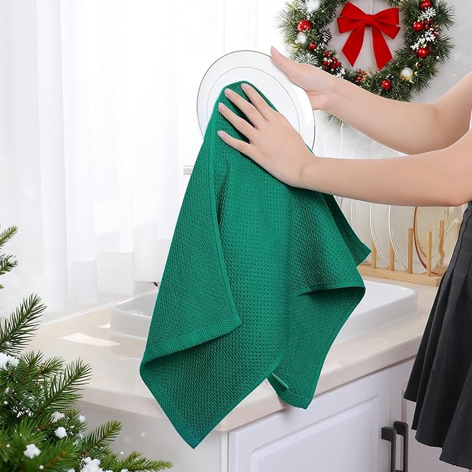 Homaxy 100% Cotton Waffle Weave Kitchen Dish Towels, Ultra Soft Absorbent Quick Drying Cleaning Towel, 13 x 28 Inches, 4-Pack, Dark Green