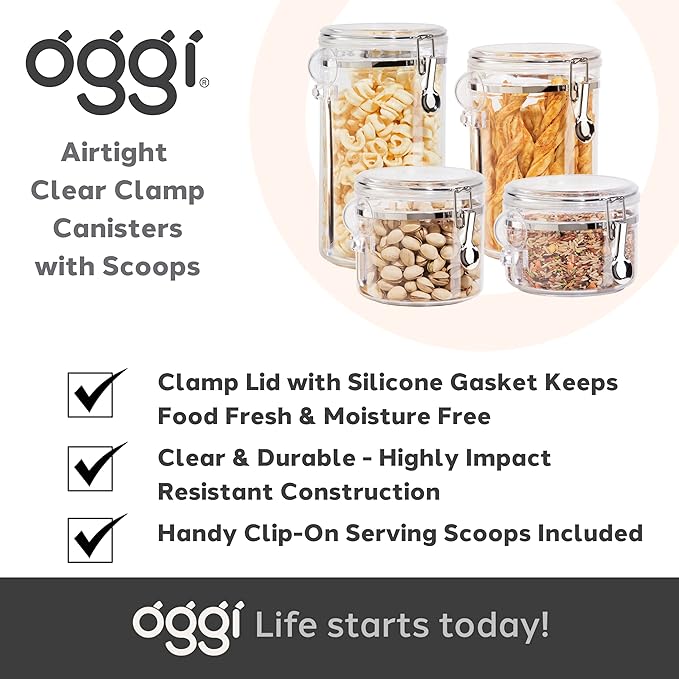 Oggi 4pc Clear Canister Set with Clamp Lids & Spoons - Airtight Food Storage Containers, Ideal for Kitchen & Pantry Storage of Bulk, Dry Food Including Flour, Sugar, Coffee, Rice, Tea, Spices & Herbs
