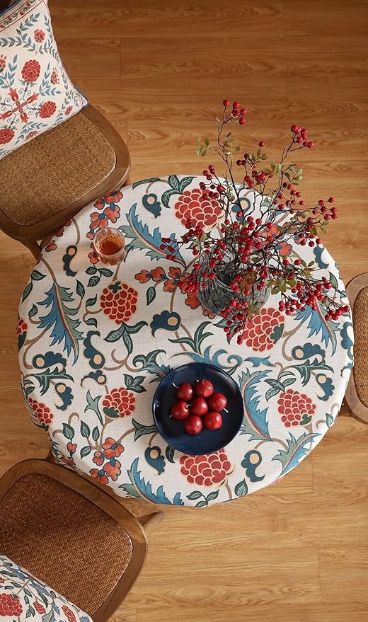 patdrea Designer Linen Round Table Cloth,Durable Breathable Floral Dacorative Tablecloth,Decor Tables Covers for Kitchen Dining Tea Party,Holiday,Christmas,Thanksgiving,Diameter 67"-Puno