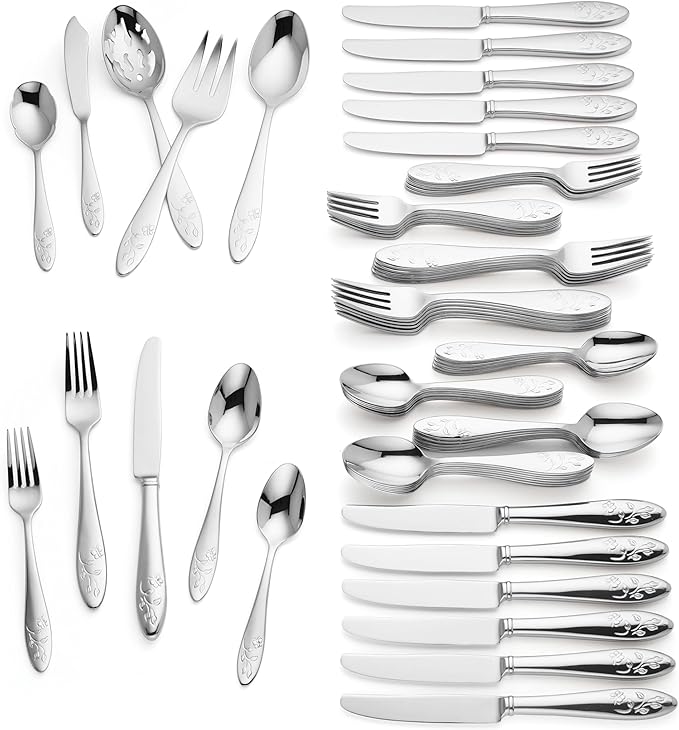 Lenox Silverware Set For 12, Butterfly Meadow 65-Piece Flatware Set, Service For 12, 18/10 Stainless Steel, Dishwasher Safe, Butterfly and Flower Motif, Includes Serving Utensils (Silver, 65 Piece)