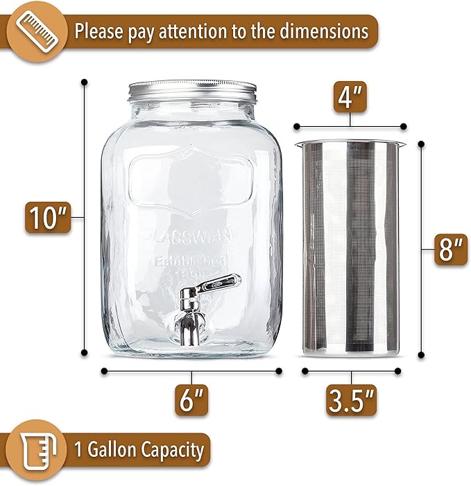 BTaT- Cold Brew Coffee Maker, 1 Gallon Mason Jars Drink Dispenser, Gallon Cold Brew Coffee Maker, Iced Tea Maker, Cold Brew Coffee Carafe, Beverage Dispenser, Glass Dispenser, Cold Brew System
