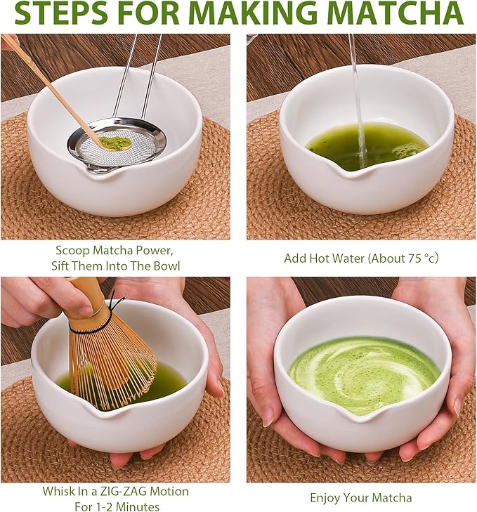 Matcha Whisk Set, 7 Pcs Matcha Kit with Matcha Bowl, Spout, Whisk and Holder, Bamboo Scoop and Stainless Steel Sifter, Japanese Matcha Set for Ceremony, Gift for Matcha Lover