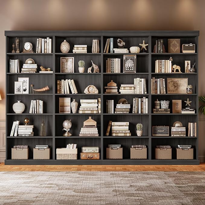 70.8" Tall Black Bookshelf, Farmhouse Modular Bookcase with 6-Tier Adjustable Shelves, Large Storage Cabinet for Home Office, Living Room, Set of 4