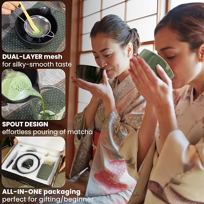Matcha Whisk Set Incl. Ceramic Bowl With Spout, Whisk (Chasen), Stand, Bamboo Scoop, Sifter, Electric Frother, Tea Towel etc. 9 Pcs Matcha Making Starter Kit, Mottled Black