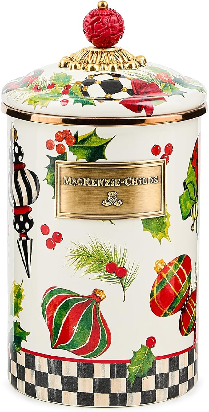 MACKENZIE-CHILDS Enamel Canister, Kitchen Storage Container with Lid, Large, Deck the Halls