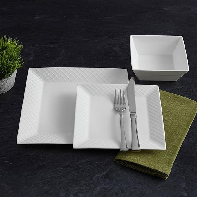 Trellis White Square 16 Piece Dinnerware Set, Service For 4