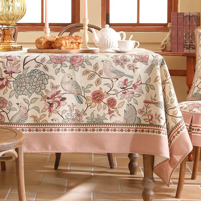 patdrea Designer Pink Linen Table Cloth for Rectangle Table,Vintage Floral with Birds Pattern Decorative Tablcloth,French Table Cover for Kitchen Dining,Thanksgiving,Christmas,55"x87"-Kulom a