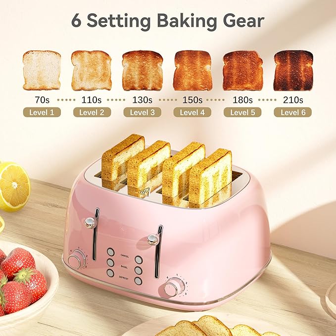 Toaster 4 Slice, Retro Stainless with 6 Bread Shade Settings,1.5''Wide Slots Toaster with Cancel/Defrost/Reheat Functions,Dual Independent Control Panel, Removal Crumb Tray (Pink)