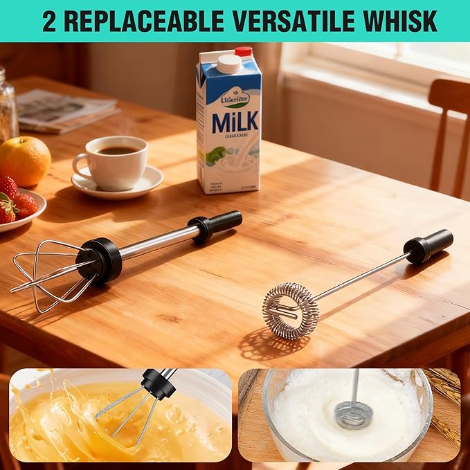 HAUSHOF Powerful Rechargeable Milk Frother Wand with Stand, Handheld Electric Foam Maker, Drink Mixer with 2 Detachable Stainless Steel Whisks 2 Speeds for Coffee Latte, Cappuccino, Matcha, Black