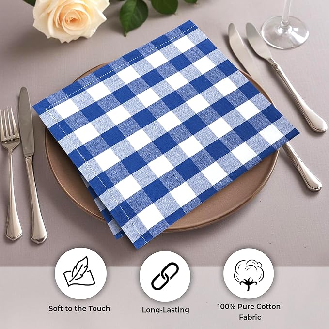 Urban Villa Cloth Napkins 100% Cotton Dinner Napkins Highly Absorbent 20x20 Inches (Set of 12) Blue White Buffalo Checks Reusable Washable Soft Durable Premium Napkins Ideal for Home Wedding Parties