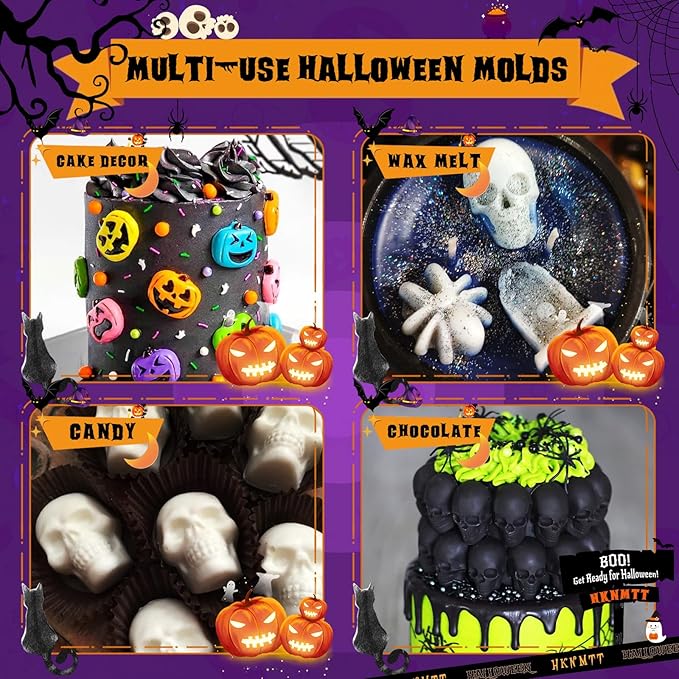 Halloween Molds Silicone for Chocolate 2 Pack, 3D Halloween Chocolate Candy Gummy Mold Skull Pumpkin Bat Ghost Witch Hat Spider tombstone Shapes Mold