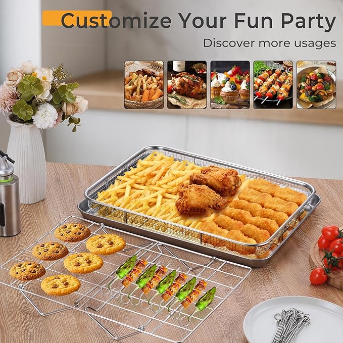 P&P CHEF 16 Inch Baking Cookie Sheet with Rack, 15.4 Inch Air Fryer Basket for Oven, Stackable Rack & 36 Skewers for Cooling, Baking, Roasting, Multifunctional and Utility Set for Kitchen