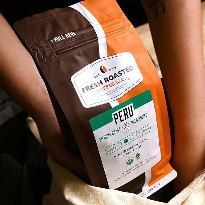 Fresh Roasted Coffee, Organic Peru | Mold & Myco 3rd Party Tested, USDA Organic, Kosher | Med Roast 12 oz Ground