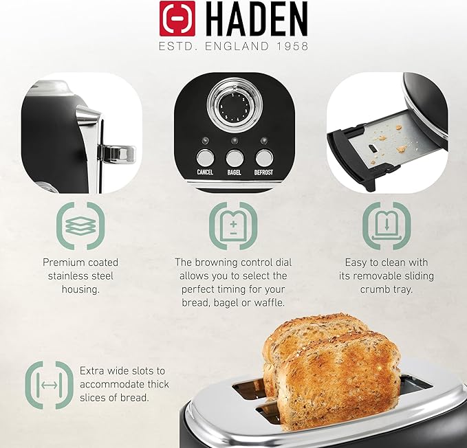 Haden Heritage 2 Slice Wide Slot Stainless Steel Toaster Bundled with 1.7 Liter Stainless Steel Electric Water Kettle, Black & Chrome
