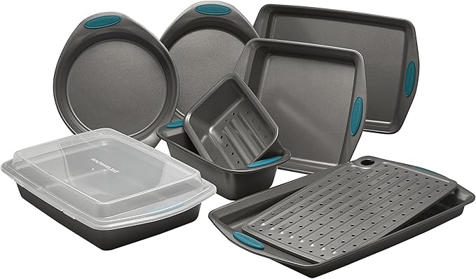 Rachael Ray Nonstick Bakeware Set with Grips includes Nonstick Bread / Baking Pans, Cookie / Baking Sheet and Cake Pans - 10 Piece, Gray with marine blue grips
