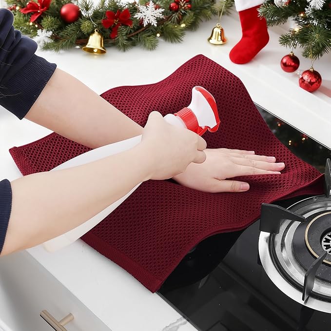 Homaxy 100% Cotton Waffle Weave Kitchen Dish Towels, Ultra Soft Absorbent Quick Drying Cleaning Towel, 13 x 28 Inches, 4-Pack, Burgundy