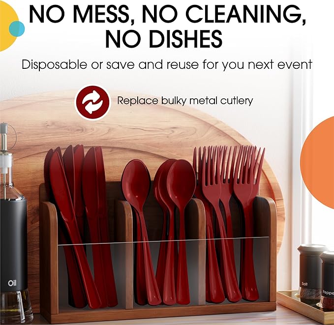 Party Solids Burgundy Plastic Silverware Heavy Duty 150 Pieces Burgundy Plastic Cutlery Sets, Utensil Sets, 50 Of Each Forks, Knives & Spoons Disposable Cutlery Set, Flatware Set For Party Supplies