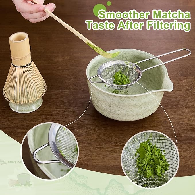7Pcs Matcha Whisk Set - Matcha Bowl with Spout, Bamboo Whisk (Chasen), Holder, Stainless Sifter, Tea Scoop, Tea Towel, Scoop Rest. Full Japanese Ceremony Matcha Kit, Perfect Gift for Tea Fans (Green)