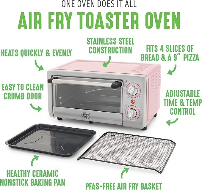 GreenLife Countertop Toaster Oven Air Fryer Stainless Steel, Healthy Ceramic Nonstick, PFAS Free, Tray & Basket, Bake, Broil, Reheat, Adjustable Temp & Time Control, Auto Shutoff, Pink