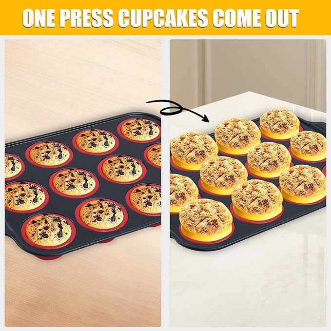 Silicone Muffin Pan, 12 Cups Cupcake Pans with Metal Frame Nonstick Muffin Tins Easy to Pop Out for Baking Cupcake Egg Bites BPA-free Cupcake Pan Mold (12 Cups-Red)