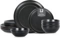Stone Lain Elio 12-Piece Dinnerware Set Stoneware, Plates and Bowls Set, Dish Set for 4, Black
