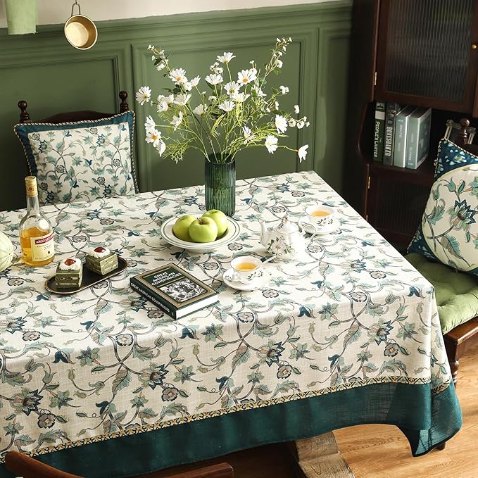 patdrea Designer Green Linen Table Cloth for Rectangle Table,Vintage Floral Pattern Durable Tablecloth,French Cover Decor for Kitchen Dining,Christmas,Thanksgiving,Tea Party,55"x79"-Noah