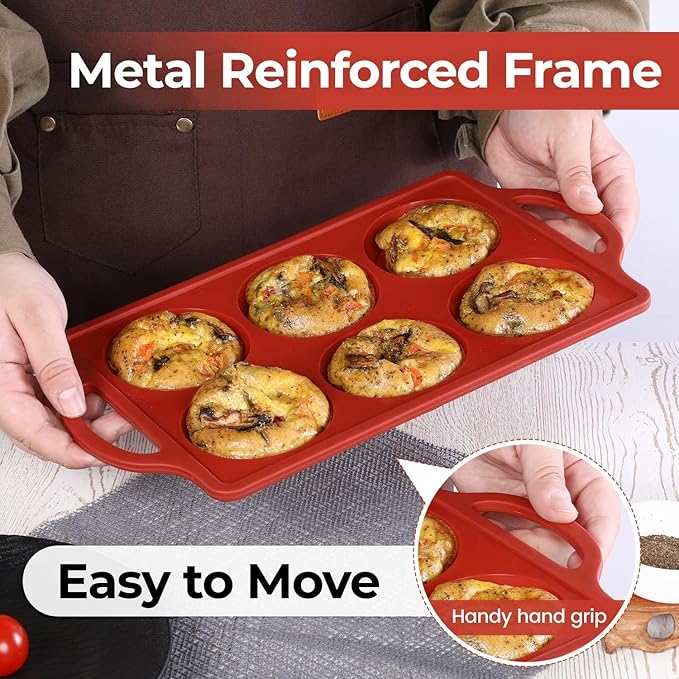 Muffin Top Pan, Metal Reinforced Frame 3 Inch Silicone Egg Molds for Breakfast Sandwiches Non Stick Round Silicone Egg Pan for Baking English Muffins, Whoopie Pies, Corn Bread, Tarts 2 Pack Brown