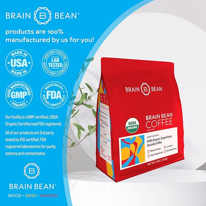 Brain Bean Organic Coffee – Smooth Taste & Rich Medium Roast – High Antioxidant & USDA certified organic for Cognitive Support, Mood Enhancement & Toxin Removal - Whole Bean Coffee – 16 oz (3-Pack)