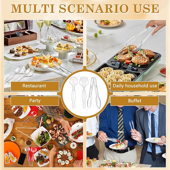 72Pcs Serving Utensils 9'' Large Plastic Serving Utensils Set Serving Spoons for Buffet Clear Disposable Plastic Tongs Heavy Duty Slotted Spoons/Forks Supplies for Party Food Salad Noodles Soup