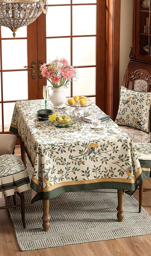 patdrea Designer Green French Linen Long Rectangular Tablecloth,Vintage Durable Floral Table Cloth,Decorative Table Cover for Kitchen Dining,Parties,Party,Christmas,Thanksgiving,63"x94"-Warbler