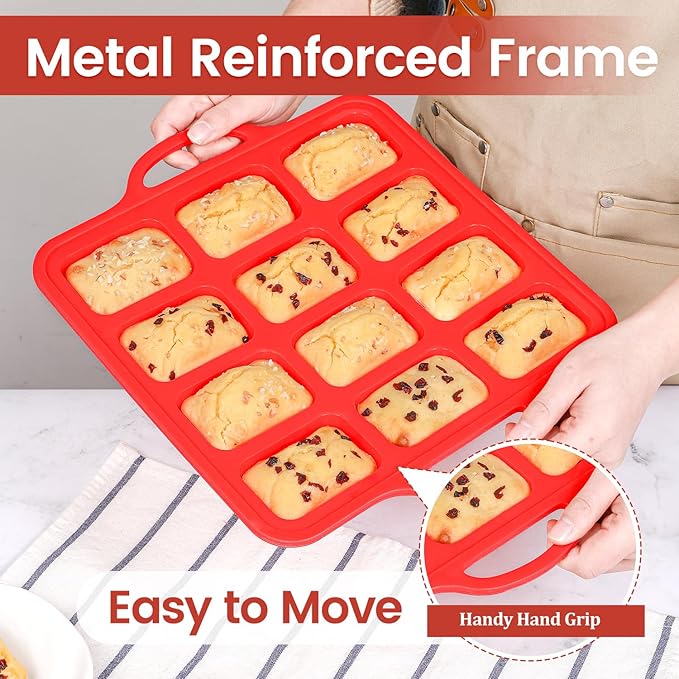CAKETIME Silicone Mini Loaf Pan, 12 Cavities Metal Reinforced Frame Nonstick Food Grade for Baking Mini Bread, Brownie, Cornbread, Cheesecake and Chocolate (2 Pack)