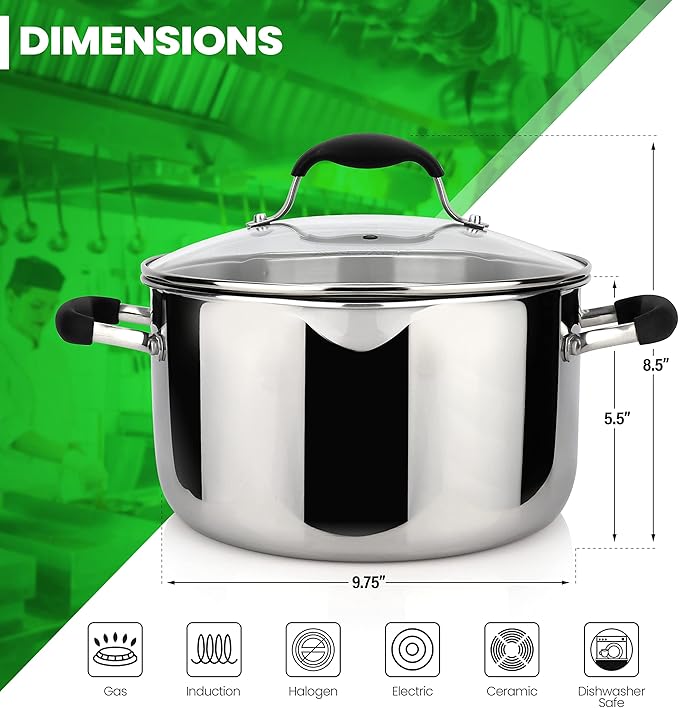 AVACRAFT Tri-Ply Stainless Steel Stockpot with Glass Strainer Lid, Side Spouts, 6 Quart Multipurpose Sauce Pot