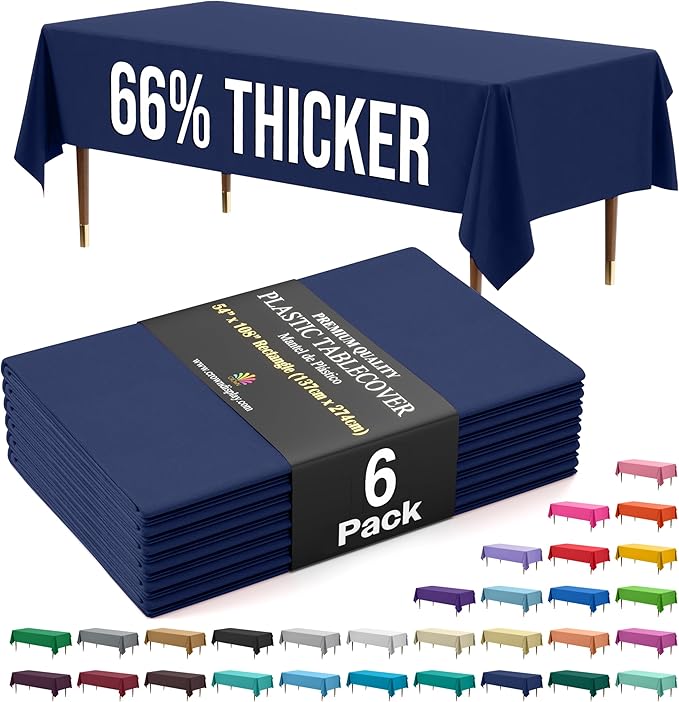 Party Solids 66% Thicker Premium Plastic Table Cloth Rectangle Table Cover 0.5 Mil 6 Pack Navy Blue Table Cloth 54 Inch x 108 Inch Disposable Tablecloth Won't Tear Easily Like Cheap Thin Brands