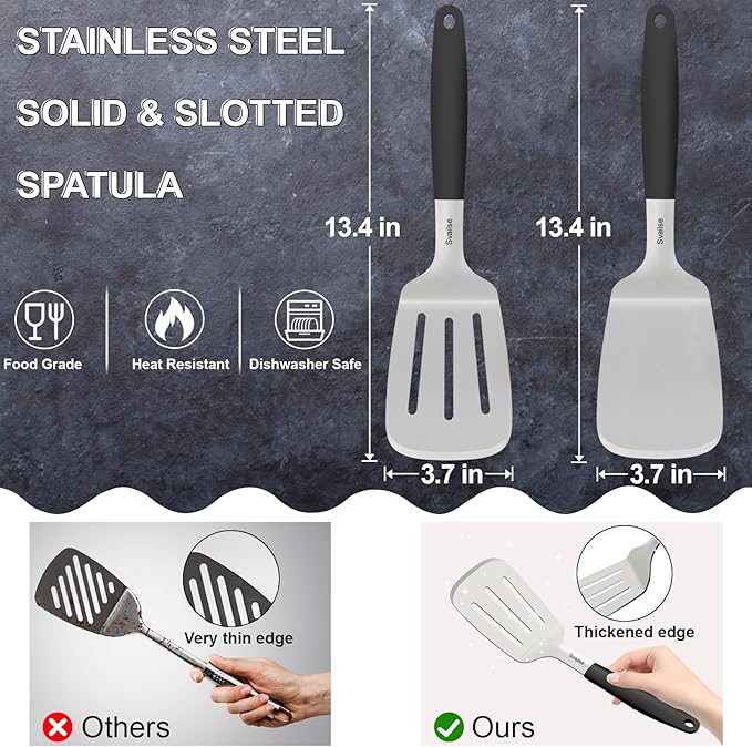 13.4 in Stainless Steel Spatula Set of 2, Heavy Duty Solid & Slotted Metal Spatula with Silicone Handle for Cast Iron Skillet, Egg, Burger and Grilling, Large