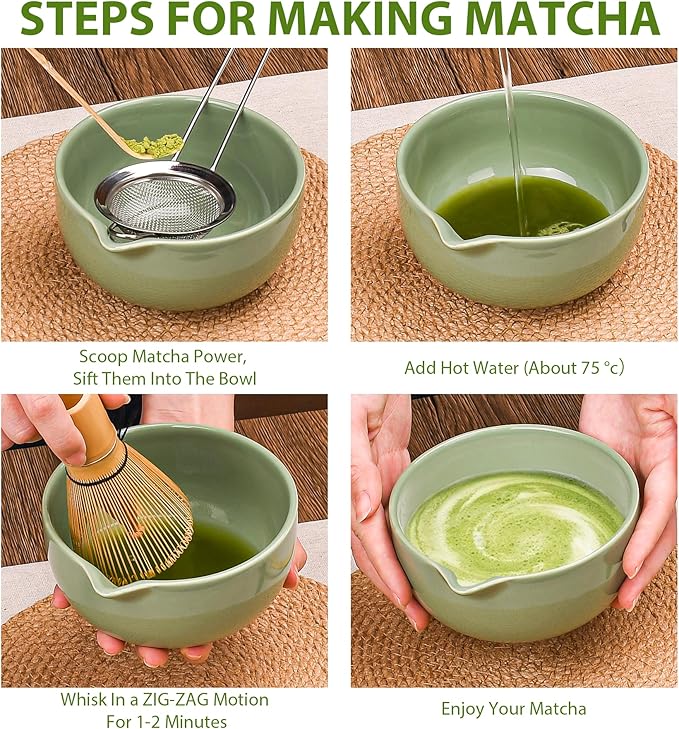 Matcha Whisk Set, 7 Pcs Matcha Kit with Matcha Bowl, Spout, Whisk and Holder, Bamboo Scoop and Stainless Steel Sifter, Japanese Matcha Set for Ceremony, Gift for Matcha Lover