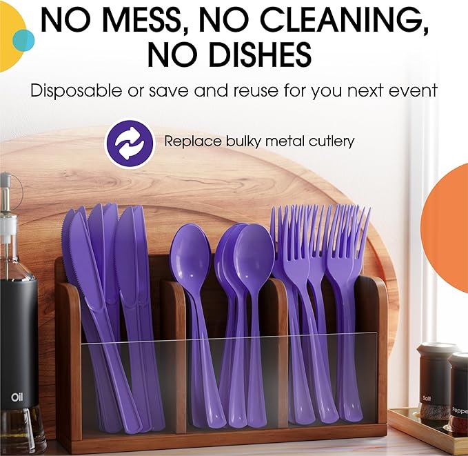 Party Solids Purple Plastic Silverware Heavy Duty 150 Pieces Purple Plastic Cutlery Sets, Utensil Sets, 50 Of Each Forks, Knives & Spoons Disposable Cutlery Set, Flatware Set For Party Supplies