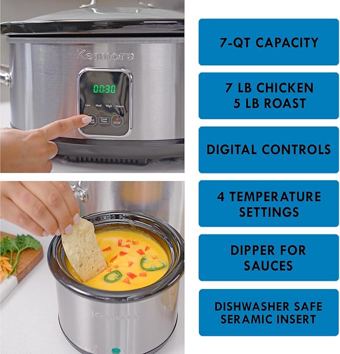 Kenmore 7 Quart Slow Cooker with Diper - Crock pot With Programmable Settings, Digital Controls, Large Capacity for Family Meals, Dishwasher-Safe Stoneware, Warm Rice & Sous Vide Stew