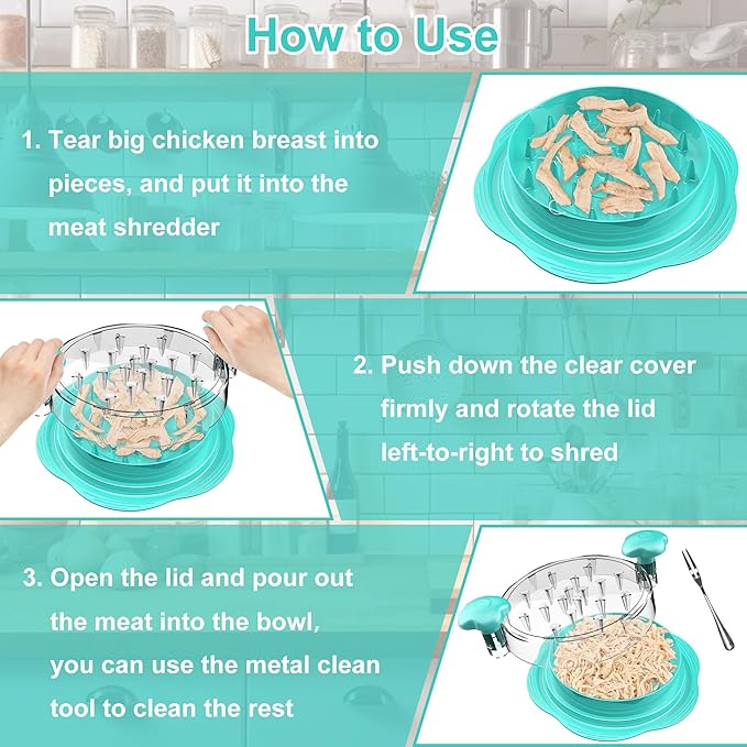 Chicken Shredder Large Chicken Breast Shredder Tool Twist with Brush&Fork, Visible Meat Shredder Machine, Anti-Slip Strip, Ergonomic Handle, BPA Free, Pork Beef Chicken(Mint Green)