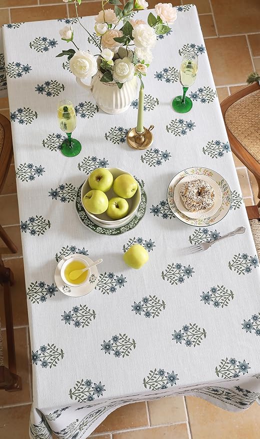 ISAENNE Designer White Linen Table Cloth for Rectangle Table,Chinoiserie Floral Elegant Indoor Tablecloth,Fall Stain Proof Decor Tablecloths for Dining Thanksgiving Kitchen,55"*79"-Mosella F