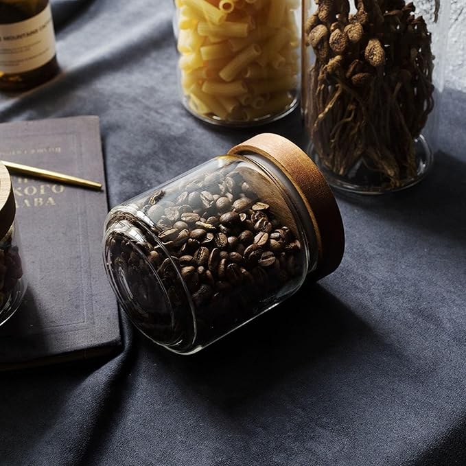 Glass candy Containers - 16oz kitchen Glass Airtight Storage jar With Acacia Airtight Lid，for kitchen Seasoning, coffee bean, tea, suger, herbs (9)